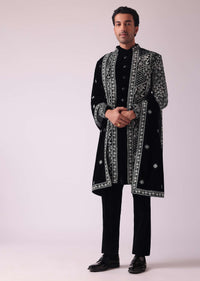 Black Sherwani In Velvet With Thread Embroidery