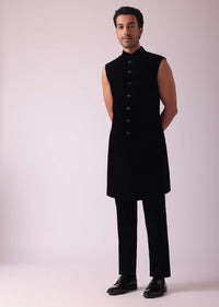 Black Sherwani In Velvet With Thread Embroidery