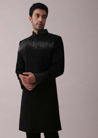 Black Indowestern Jacket Set In Suiting Fabric With Cut Dana Embroidery