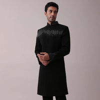 Black Indowestern Jacket Set In Suiting Fabric With Cut Dana Embroidery