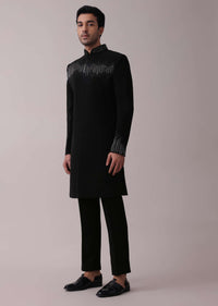 Black Indowestern Jacket Set In Suiting Fabric With Cut Dana Embroidery