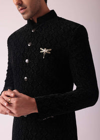 Black Indowestern Set In Velvet With Thread Embroidery