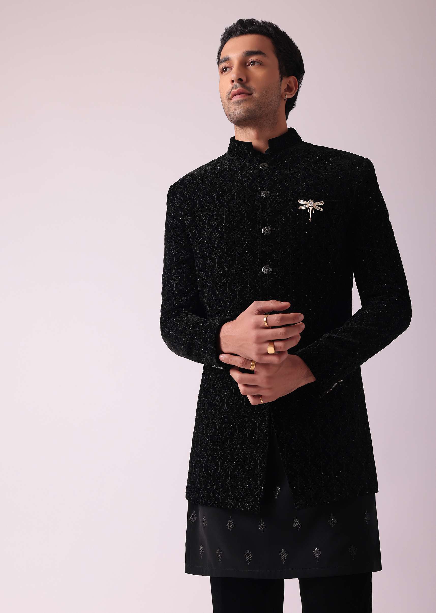 Black Indowestern Set In Velvet With Thread Embroidery