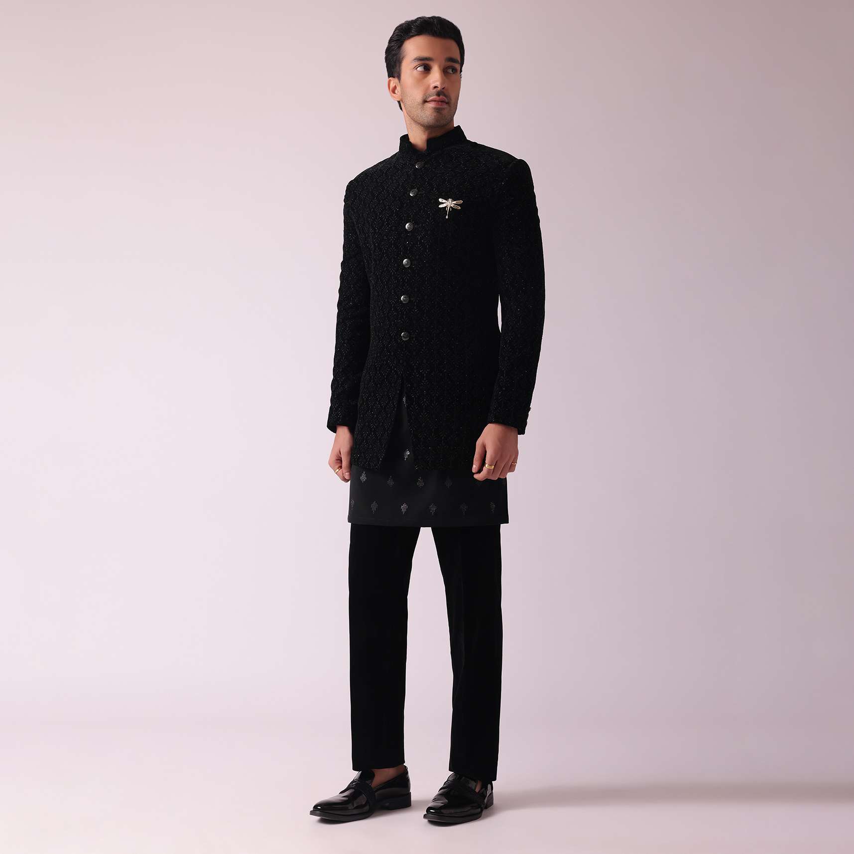 Black Indowestern Set In Velvet With Thread Embroidery