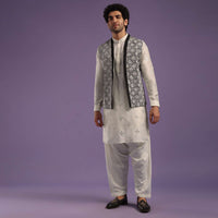 Black Jacket And Pearl White Kurta Set In Cotton Silk With Mirror Embroidery