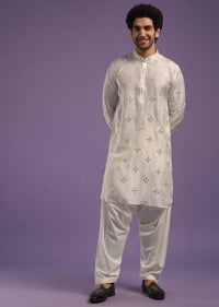 Black Jacket And Pearl White Kurta Set In Cotton Silk With Mirror Embroidery