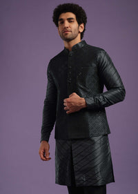 Black Jacket Kurta Set In Cotton Silk With Sequins And Thread Work