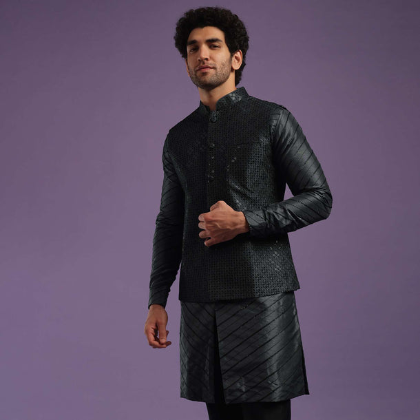 Black Jacket Kurta Set In Cotton Silk With Sequins And Thread Work
