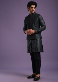 Black Jacket Kurta Set In Cotton Silk With Sequins And Thread Work