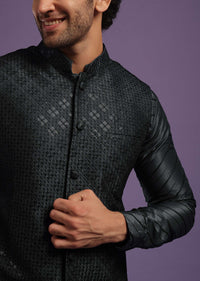 Black Jacket Kurta Set In Cotton Silk With Sequins And Thread Work