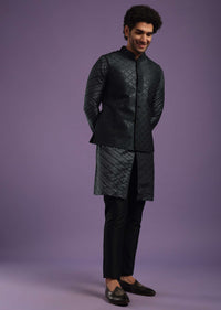 Black Jacket Kurta Set In Cotton Silk With Sequins And Thread Work