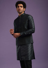 Black Jacket Kurta Set In Cotton Silk With Sequins And Thread Work