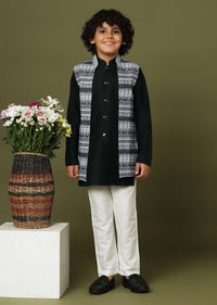 Black Jacket Kurta Set In Silk With White Digital Print