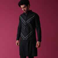 Black Jacket Kurta Set In Terry Rayon Adorned With Threadwork