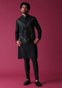 Black Jacket Kurta Set In Terry Rayon Adorned With Threadwork