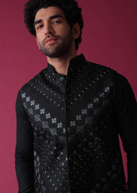 Black Jacket Kurta Set In Terry Rayon Adorned With Threadwork