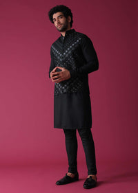 Black Jacket Kurta Set In Terry Rayon Adorned With Threadwork