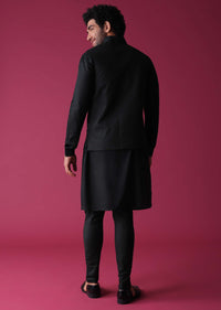 Black Jacket Kurta Set In Terry Rayon Adorned With Threadwork