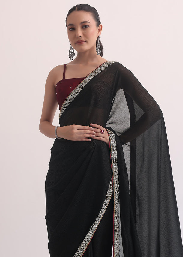 Black Jacquard Saree In Stone Embroidery With Unstitched Blouse