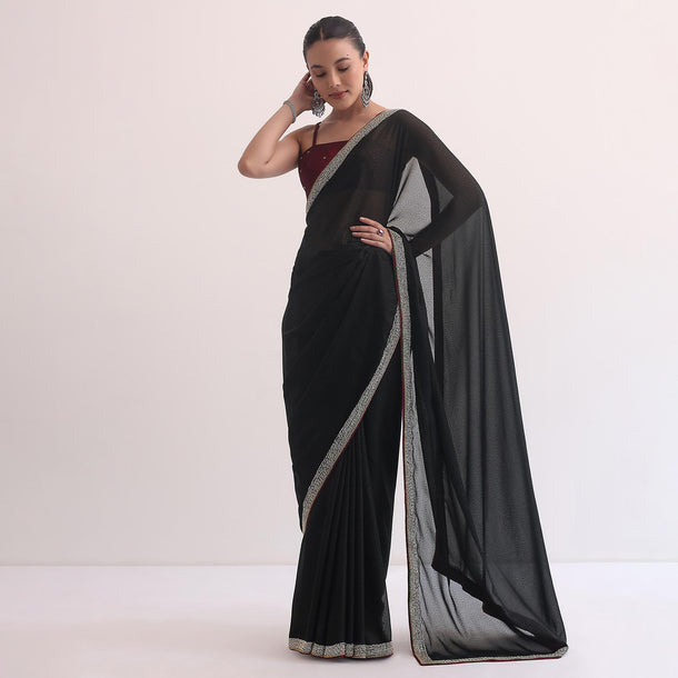 Black Jacquard Saree In Stone Embroidery With Unstitched Blouse