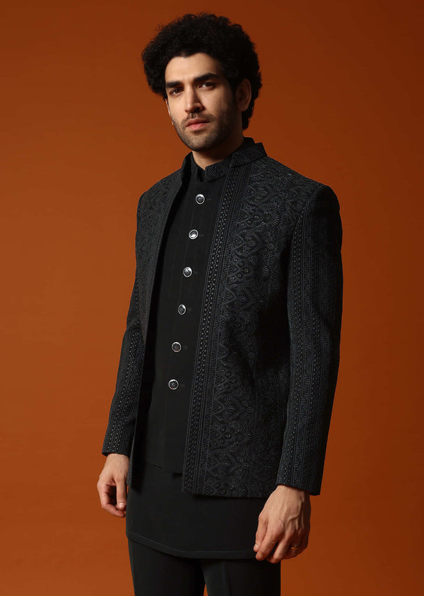 Black Jodhpuri Set In Resham Work For Men