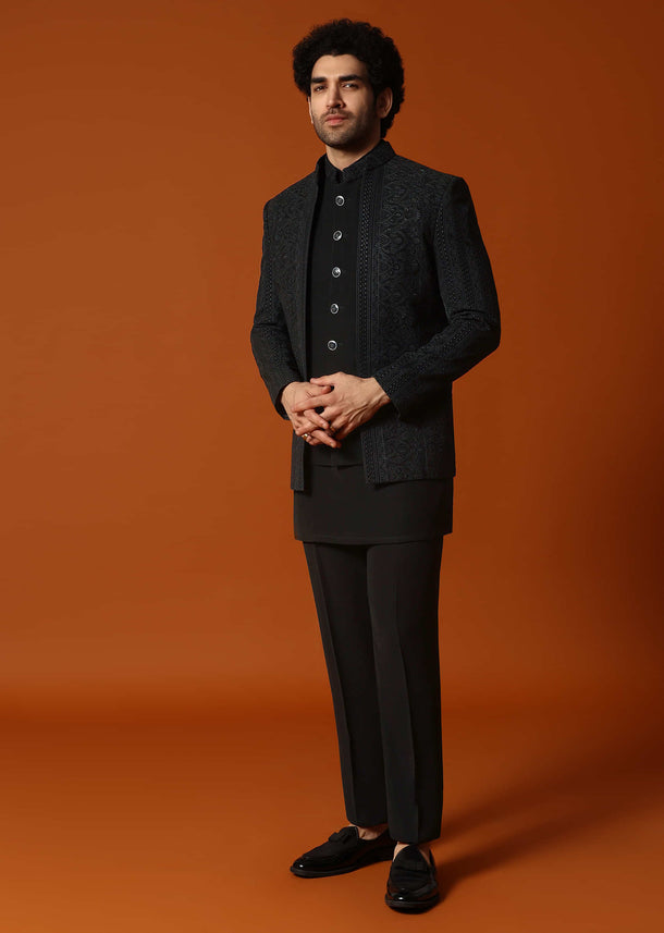 Black Jodhpuri Set In Resham Work For Men