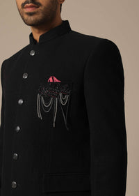 Black Jodhpuri Set With Front Button Detail