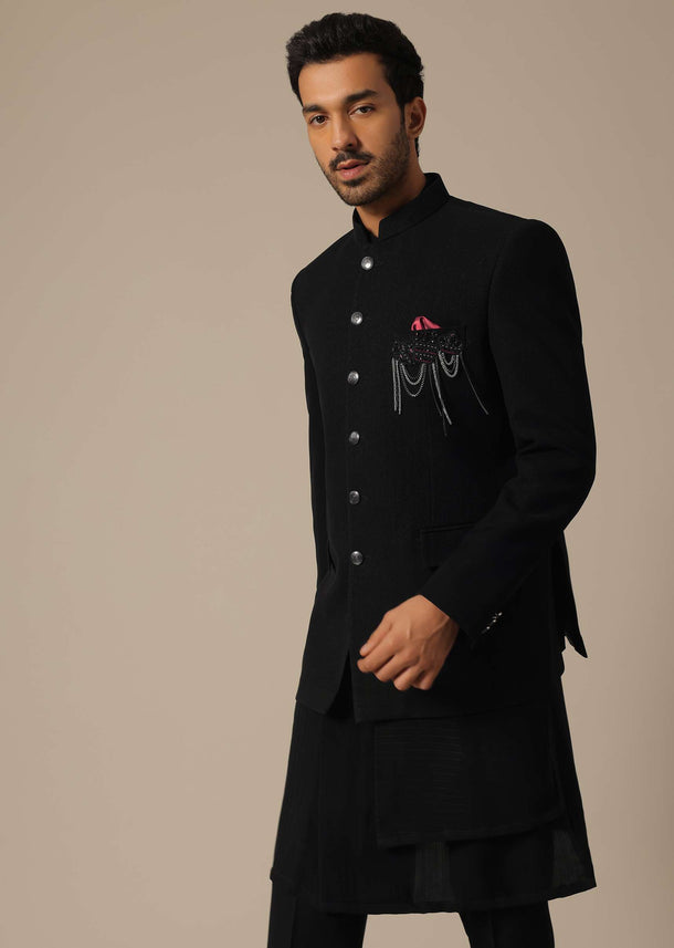 Black Jodhpuri Set With Front Button Detail