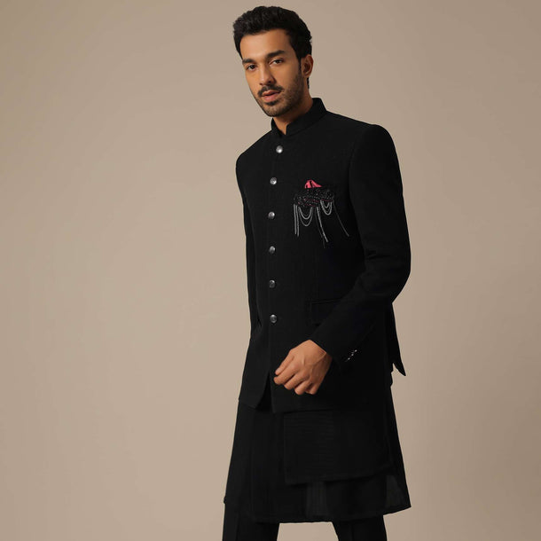 Black Jodhpuri Set With Front Button Detail