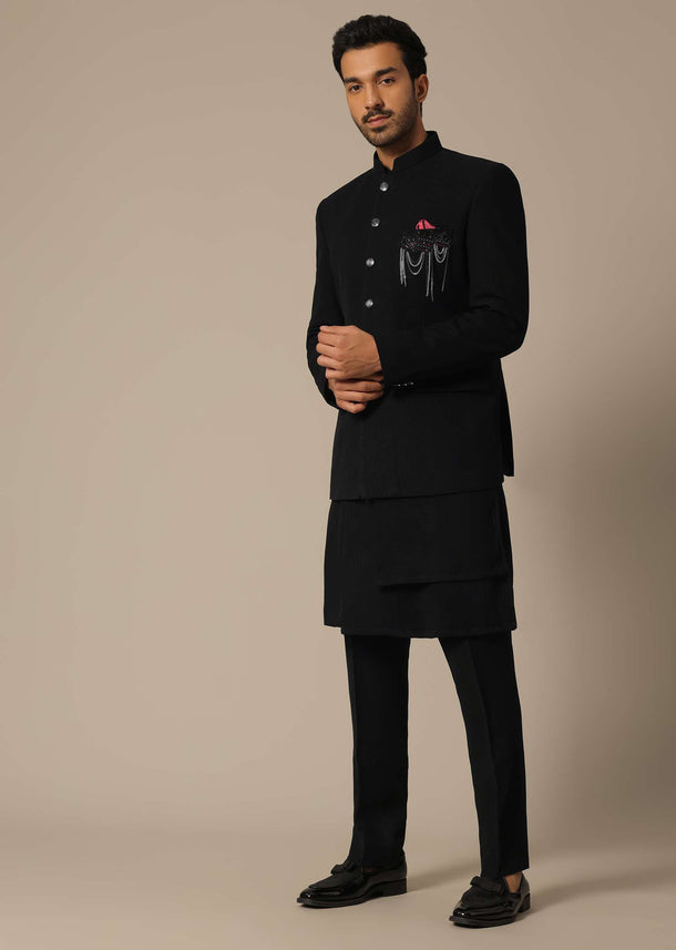 Black Jodhpuri Set With Front Button Detail