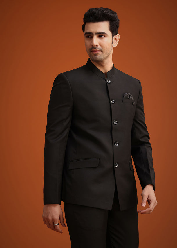 Black Jodhpuri Set With Pocket Square