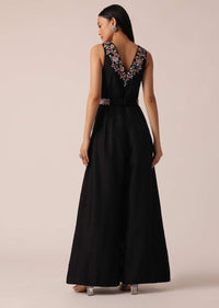 Black Jumpsuit With Floral Motif Embroidery