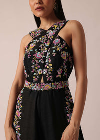 Black Jumpsuit With Floral Motif Embroidery