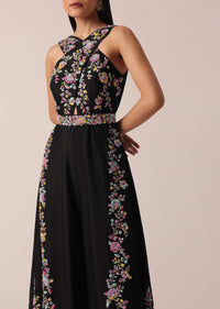 Black Jumpsuit With Floral Motif Embroidery