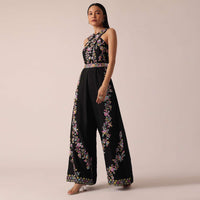 Black Jumpsuit With Floral Motif Embroidery