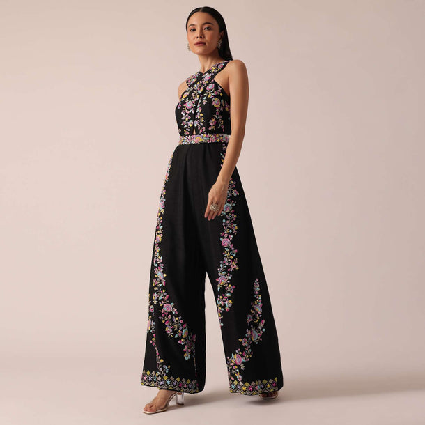 Black Jumpsuit With Floral Motif Embroidery