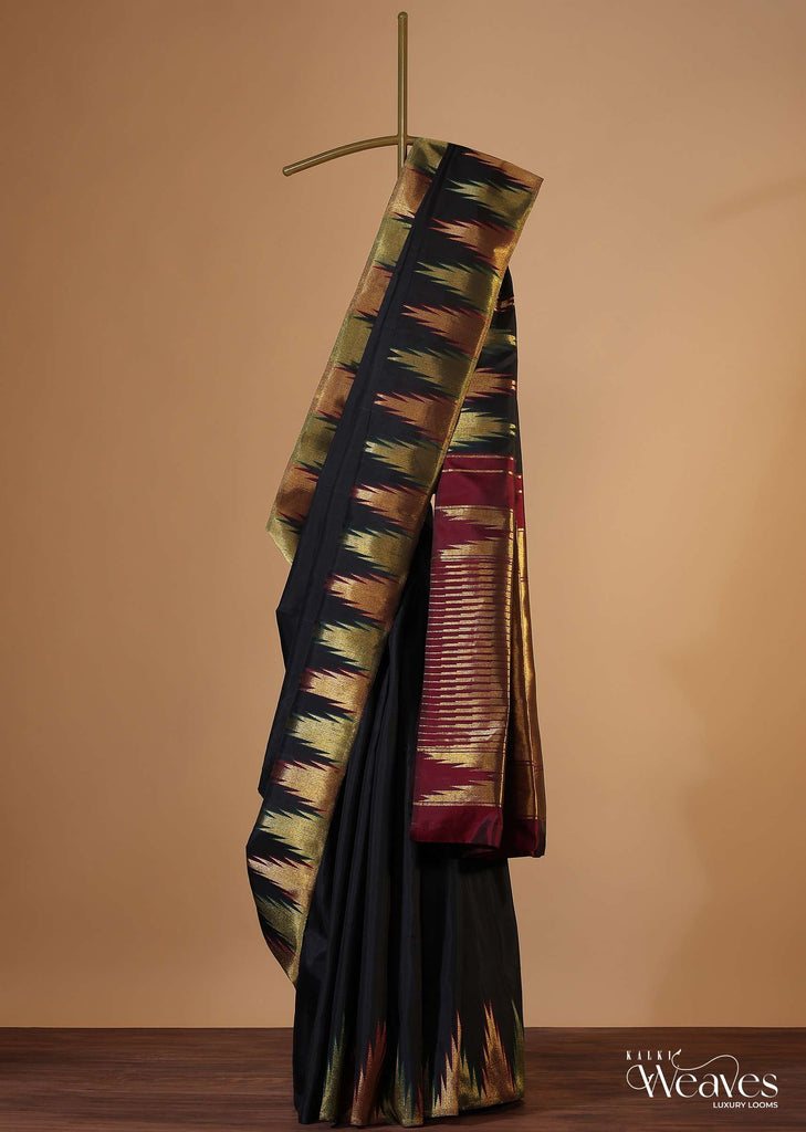 Black Kanjivaram Silk Saree With Temple Border And An Unstitched Blouse