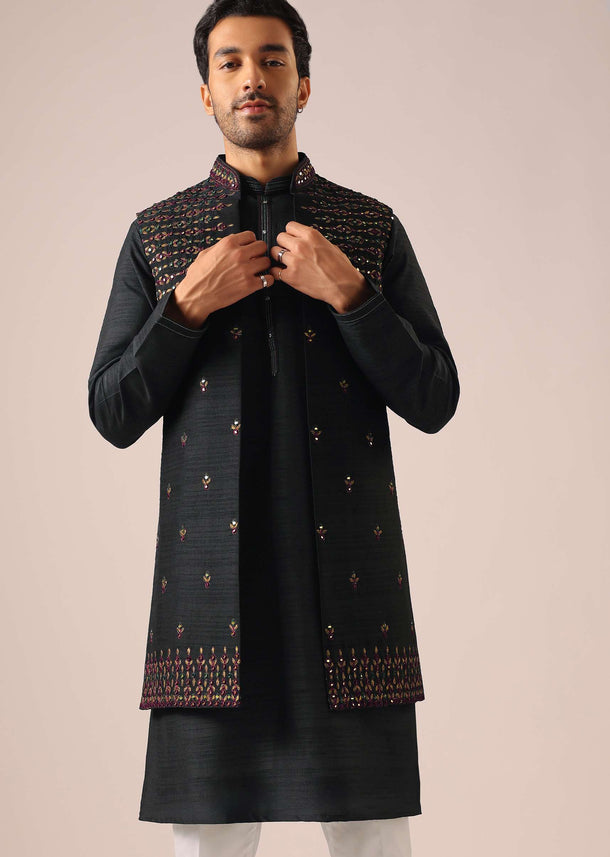 Black Kurta And Front Open Jacket with Thread Work