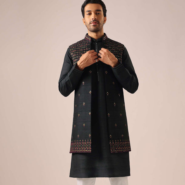 Black Kurta And Front Open Jacket with Thread Work