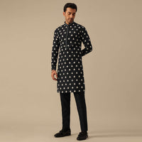 Black Kurta And Pant Set With Floral Motif Embellishments