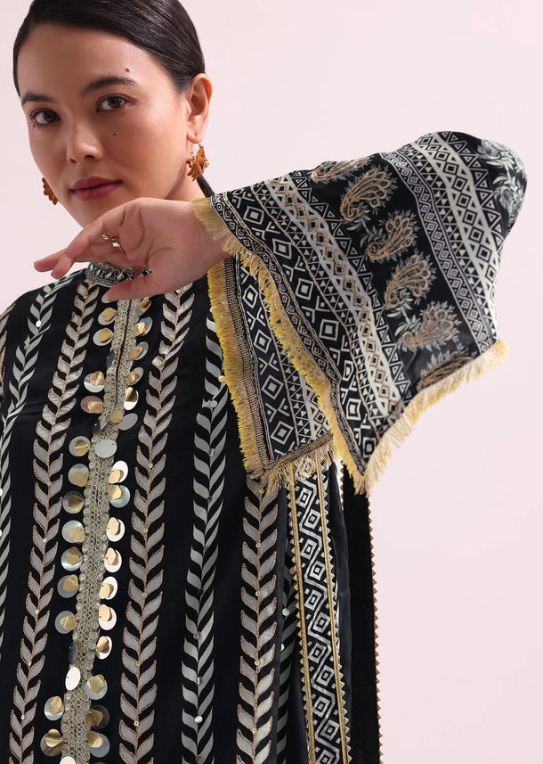 Printed With Embroidery Black Kurta Dhoti Set With Potali