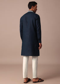 Navy Blue Kurta In Linen With Embroidered Yoke