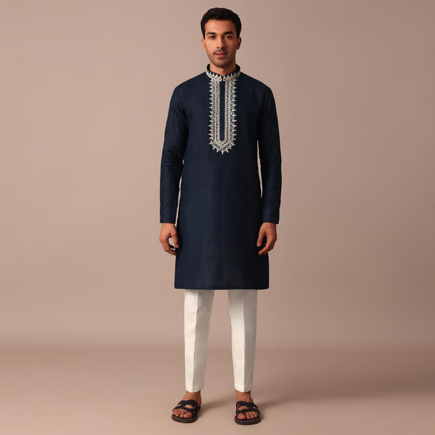 Navy Blue Kurta In Linen With Embroidered Yoke