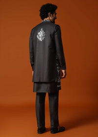 Black Kurta Jacket Set With Mirror Work For Men