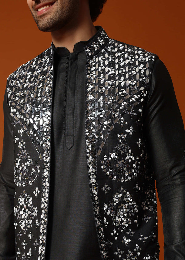 Black Kurta Jacket Set With Mirror Work For Men