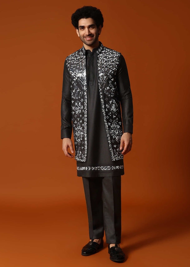 Black Kurta Jacket Set With Mirror Work For Men