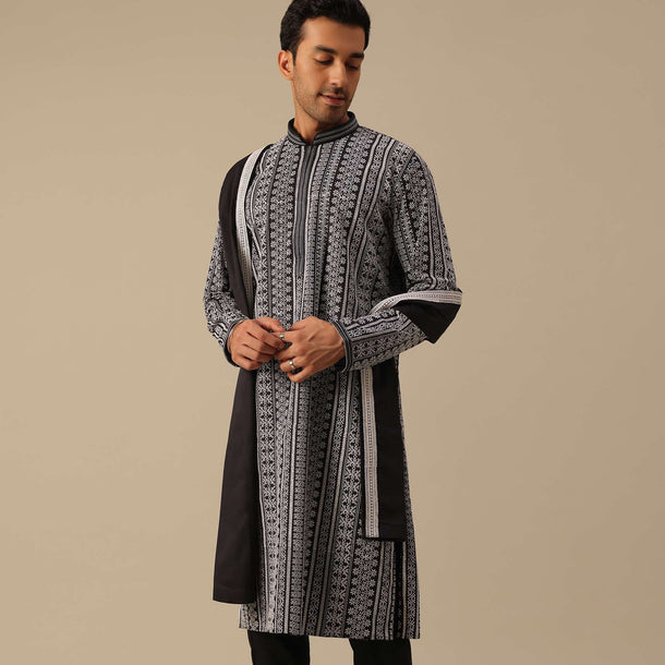 Black Kurta Set In Cotton Silk With Floral Motifs And Dupatta