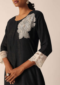 Black Kurta Set In Cotton With Patchwork Embroidery