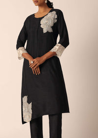 Black Kurta Set In Cotton With Patchwork Embroidery