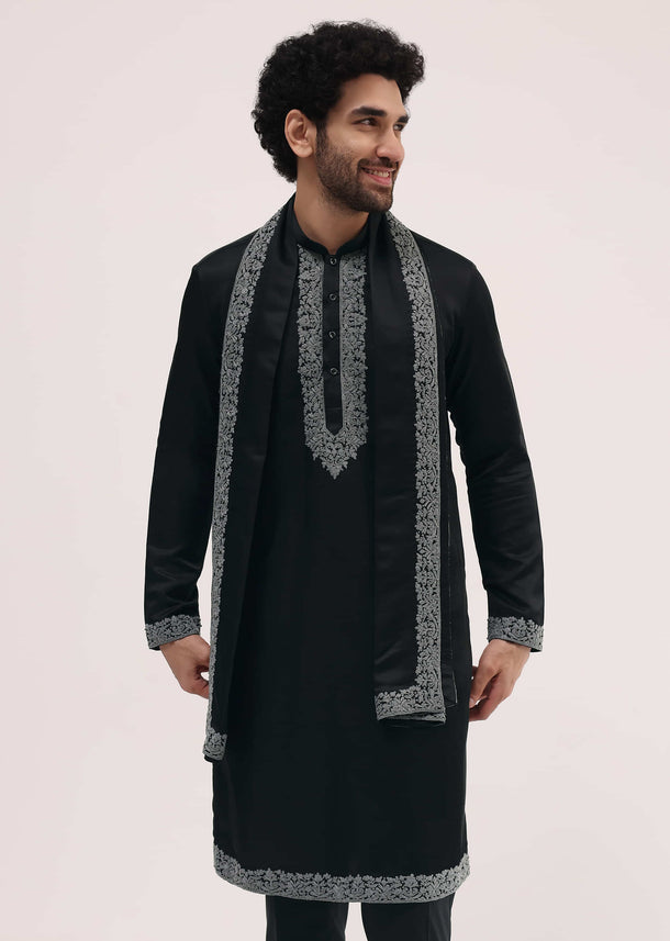Black Kurta Set In Resham Work With Dupatta For Men